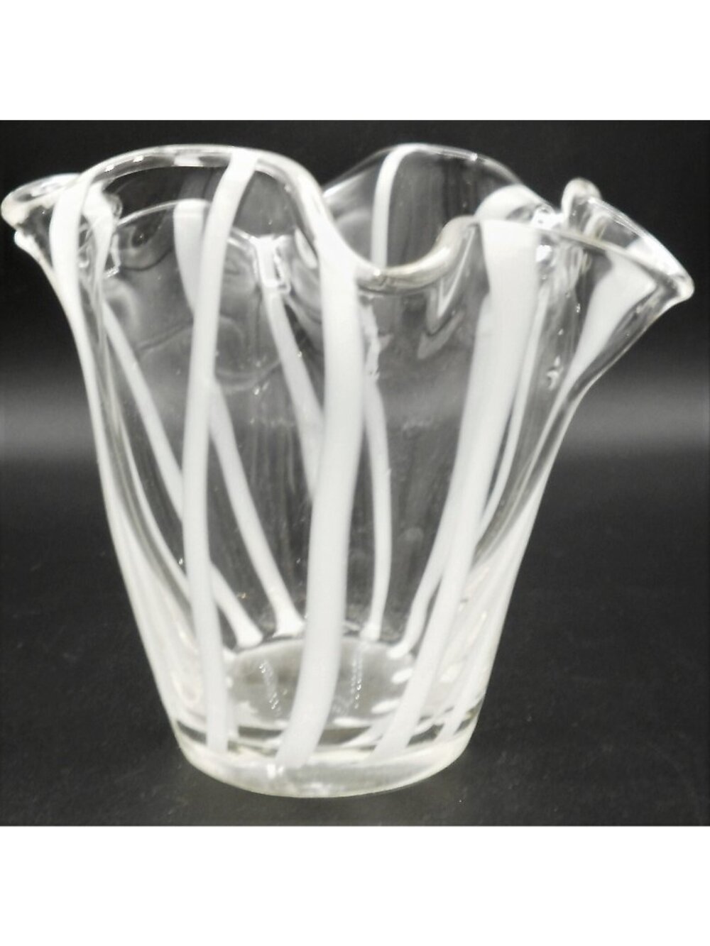 Fenton Clear Glass White Optic Stripe Handkerchief  Vase RARE Find!